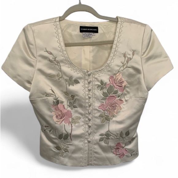 Vintage Tops - Vintage Donna Morgan Satin Floral Embroidered Short Sleeve Button Down Top
